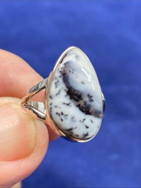 Sterling Silver Dendritic Opal Teardrop Ring - White and Black Size 6